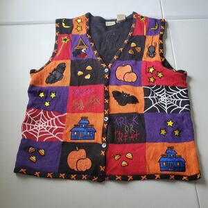 Vintage Sweater Vest XL Multicolor Halloween Bat Candy Spider Spooky Patchwork